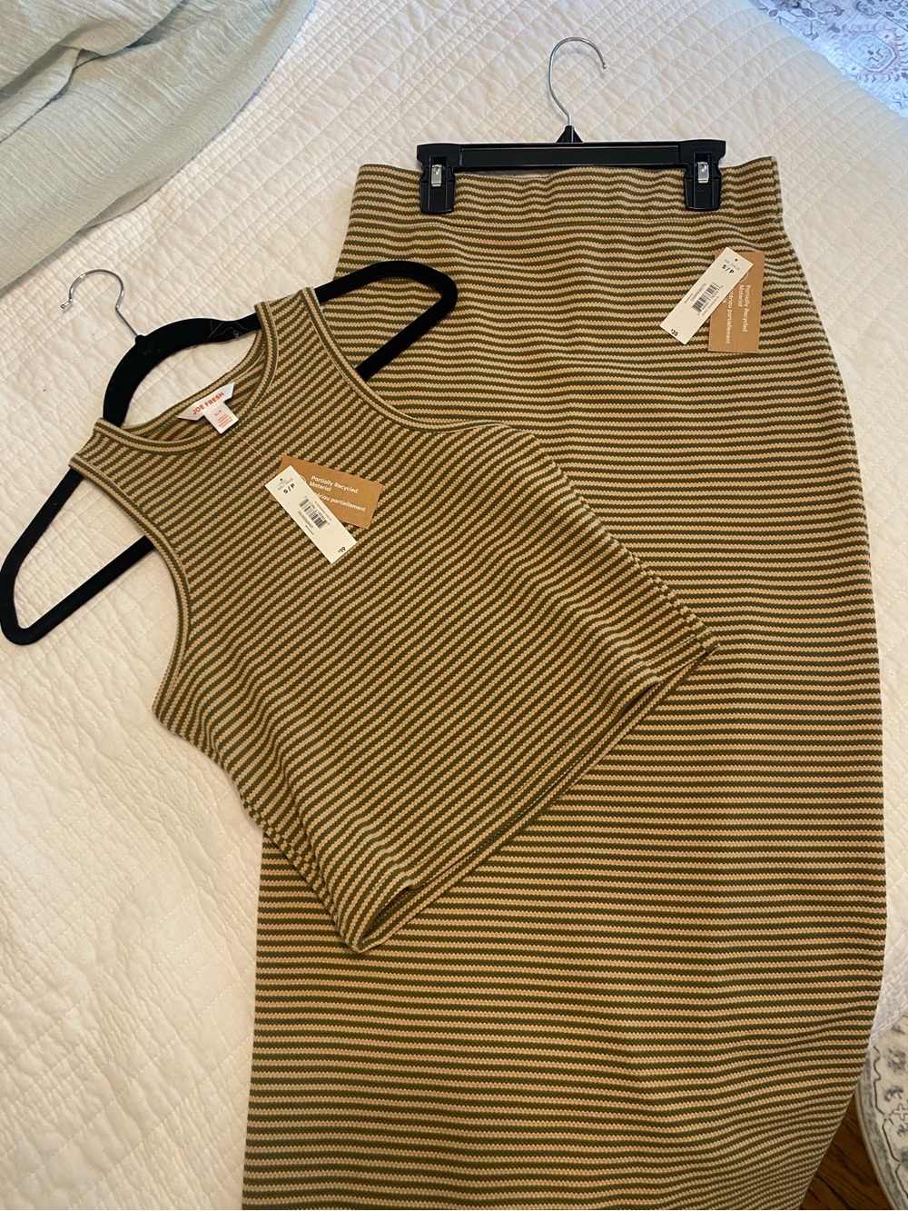 Striped Olive & Beige Ribbed Skirt Set